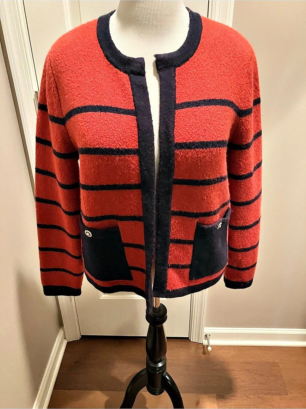 Talbots Patch Pocket Cardigan Red/Navy Stripes & Black Stripes Large